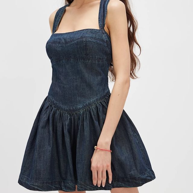 Denim Washed Dress Mini Slim-Fit Sleeveless Square-Neck