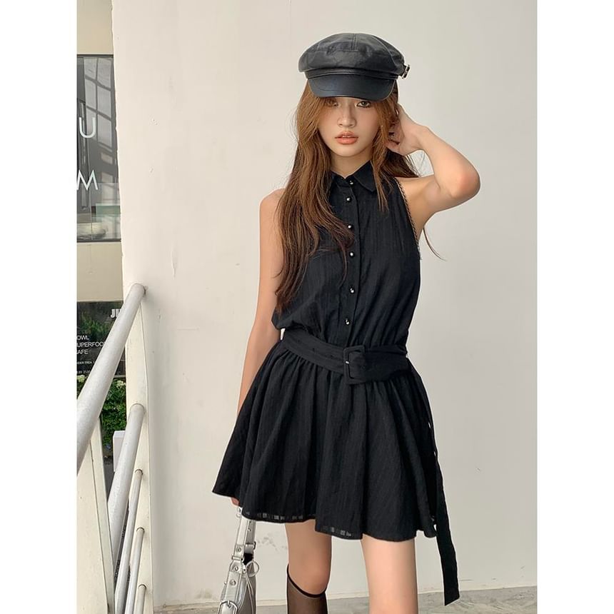 Mini Belted Collared A-Line Dress Sleeveless Striped