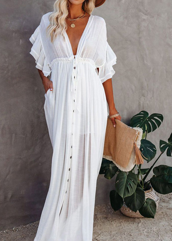 White Short V French Sleeve Button Maxi Dress Neck