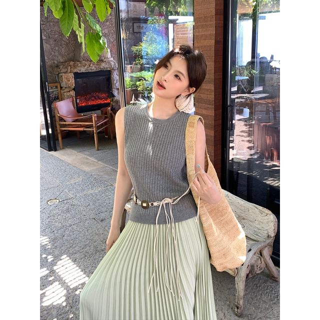 Neck Crew Ribbed Top Plain Sleeveless Knit