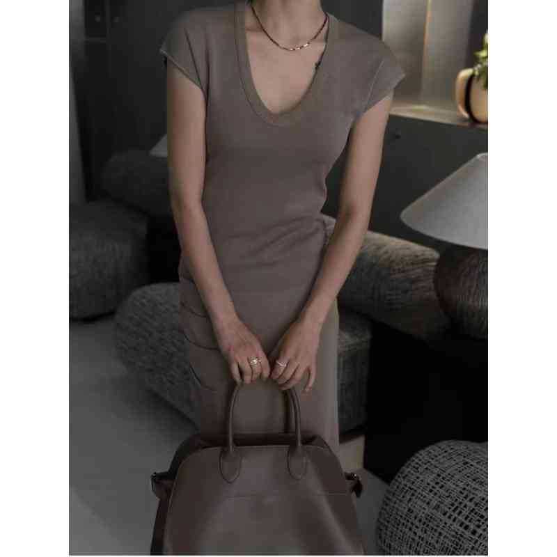 Cap-Sleeve Fit Top Slim Plain Knit Scoop Neck