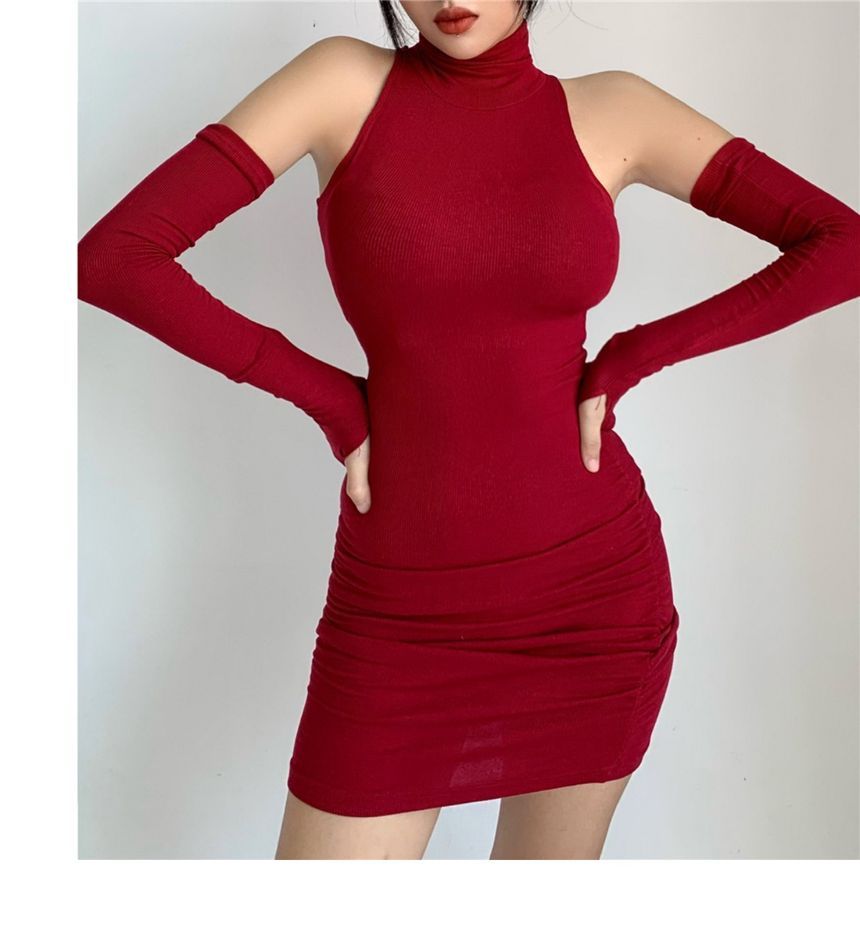 Mini Dress Sleeveless Sleeves With Plain Turtleneck Arm