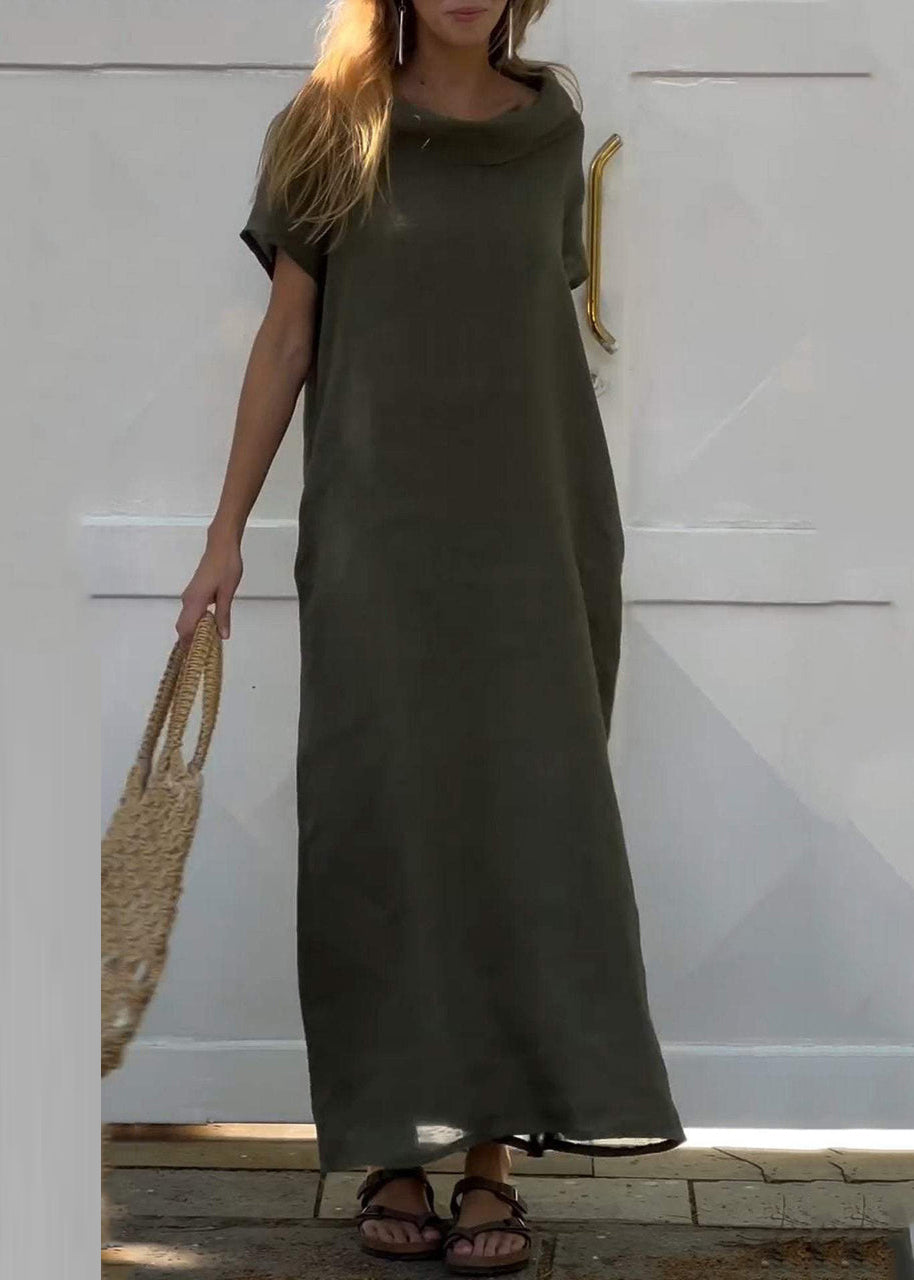 Vacation Dresses Solid Pink Turtle Patchwork Women Neck Long