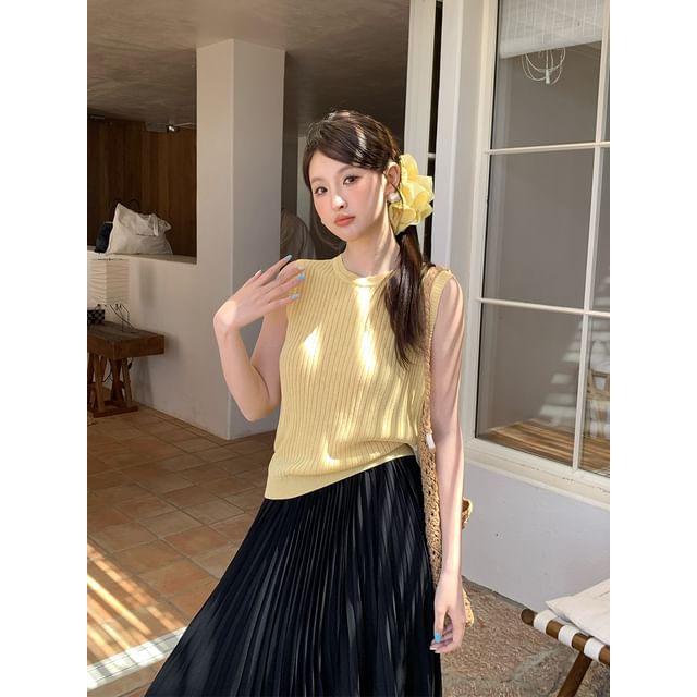 Neck Crew Ribbed Top Plain Sleeveless Knit