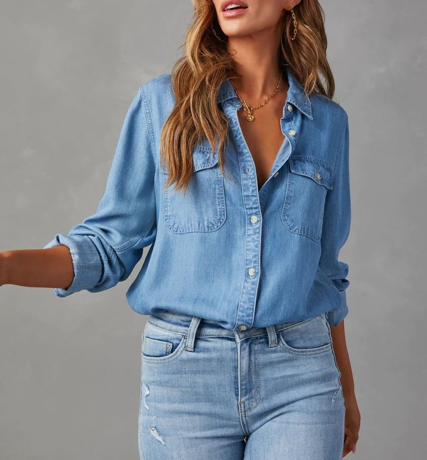 Sleeve Shirt Loose-Fit Long Denim V-Neck