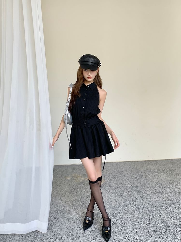 Mini Belted Collared A-Line Dress Sleeveless Striped