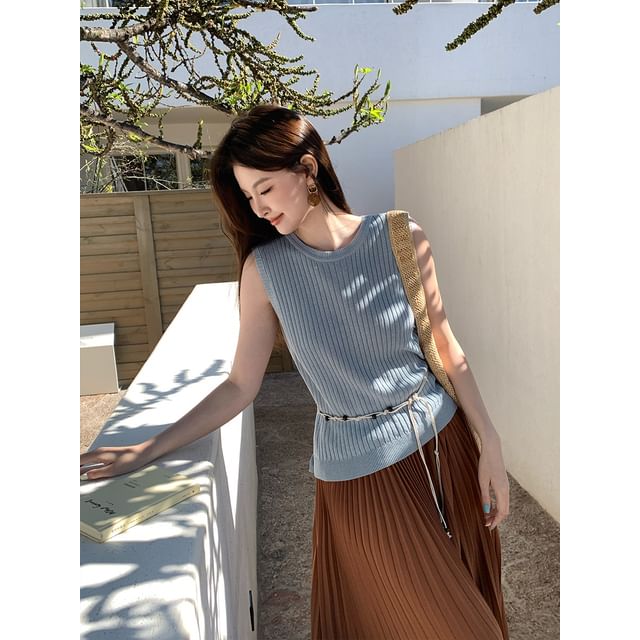 Neck Crew Ribbed Top Plain Sleeveless Knit