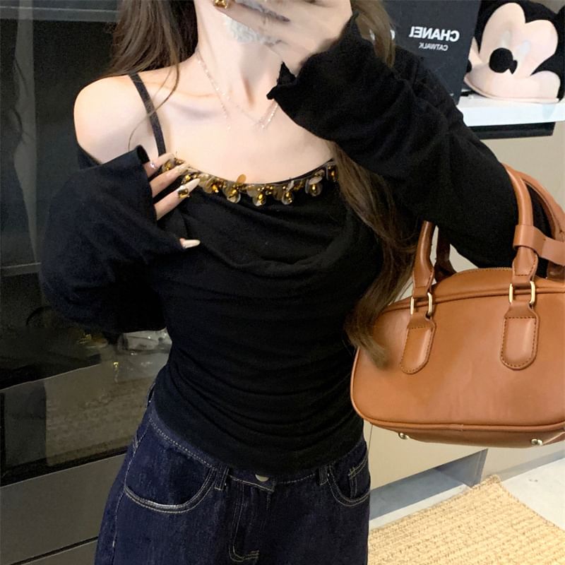 Off Shoulder Long Sleeve Mock Two Piece Top