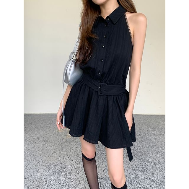 Mini Belted Collared A-Line Dress Sleeveless Striped