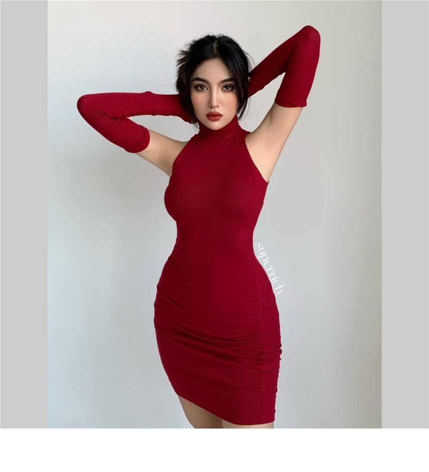 Mini Dress Sleeveless Sleeves With Plain Turtleneck Arm