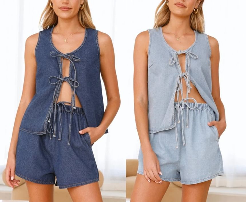 Denim Wide-Leg Top Waist Tie-Front + Tank Mini V-Neck Set: High