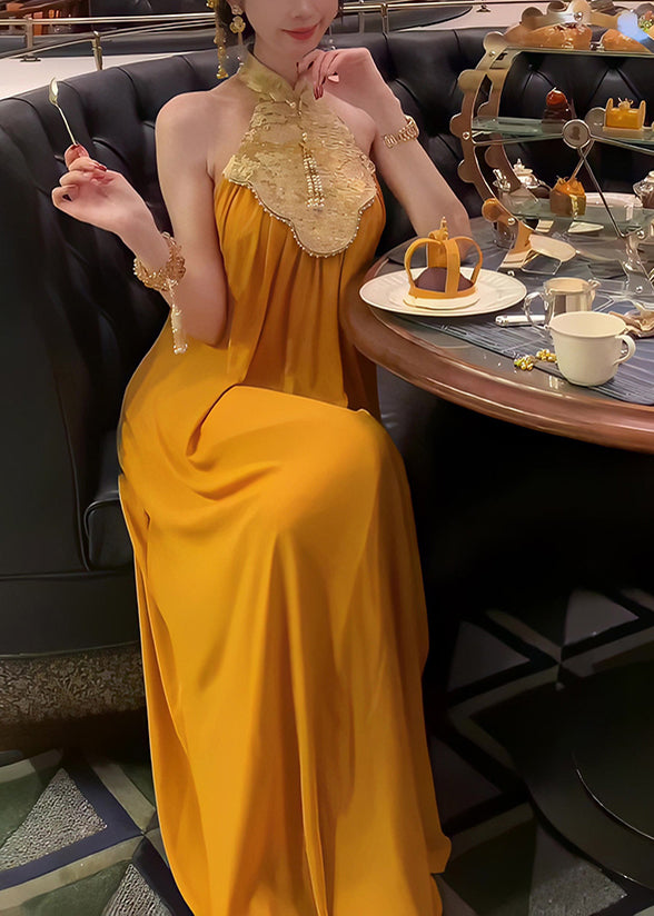 Chinese Long Stand Style Summer Dress Collar Yellow Patchwork