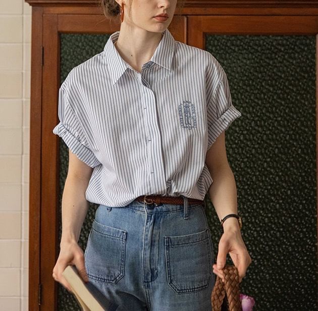 Striped Blouse Embroidered Button-Up Collared Elbow-Sleeve