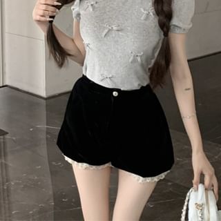 Velvet Top High Panel Shorts Neck Bow Short Plain Crew Waist Frill / Sleeve