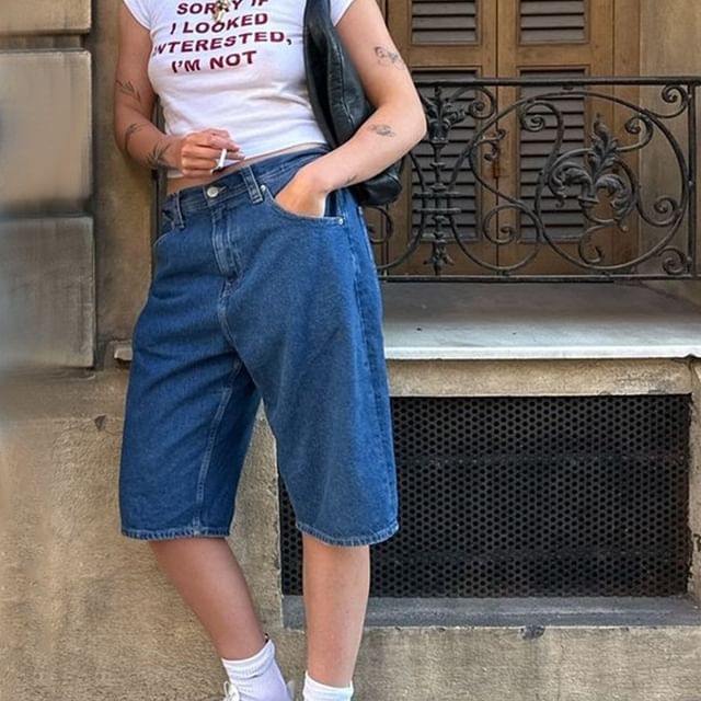 Pocket Low Straight-Leg Washed Shorts Denim Waist