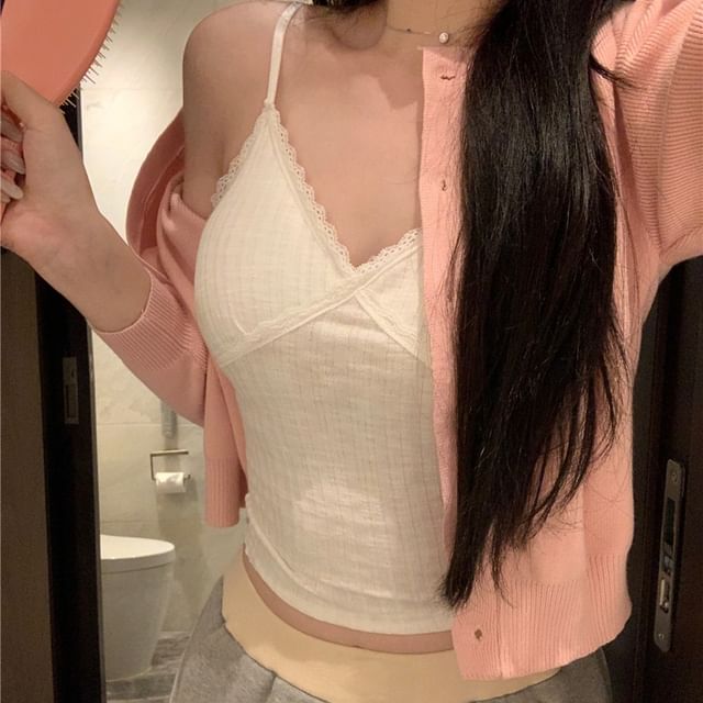 Shorts Panel Lace High Waist Camisole Sweat / Neck Round Plain V-Neck Top Padded Cardigan