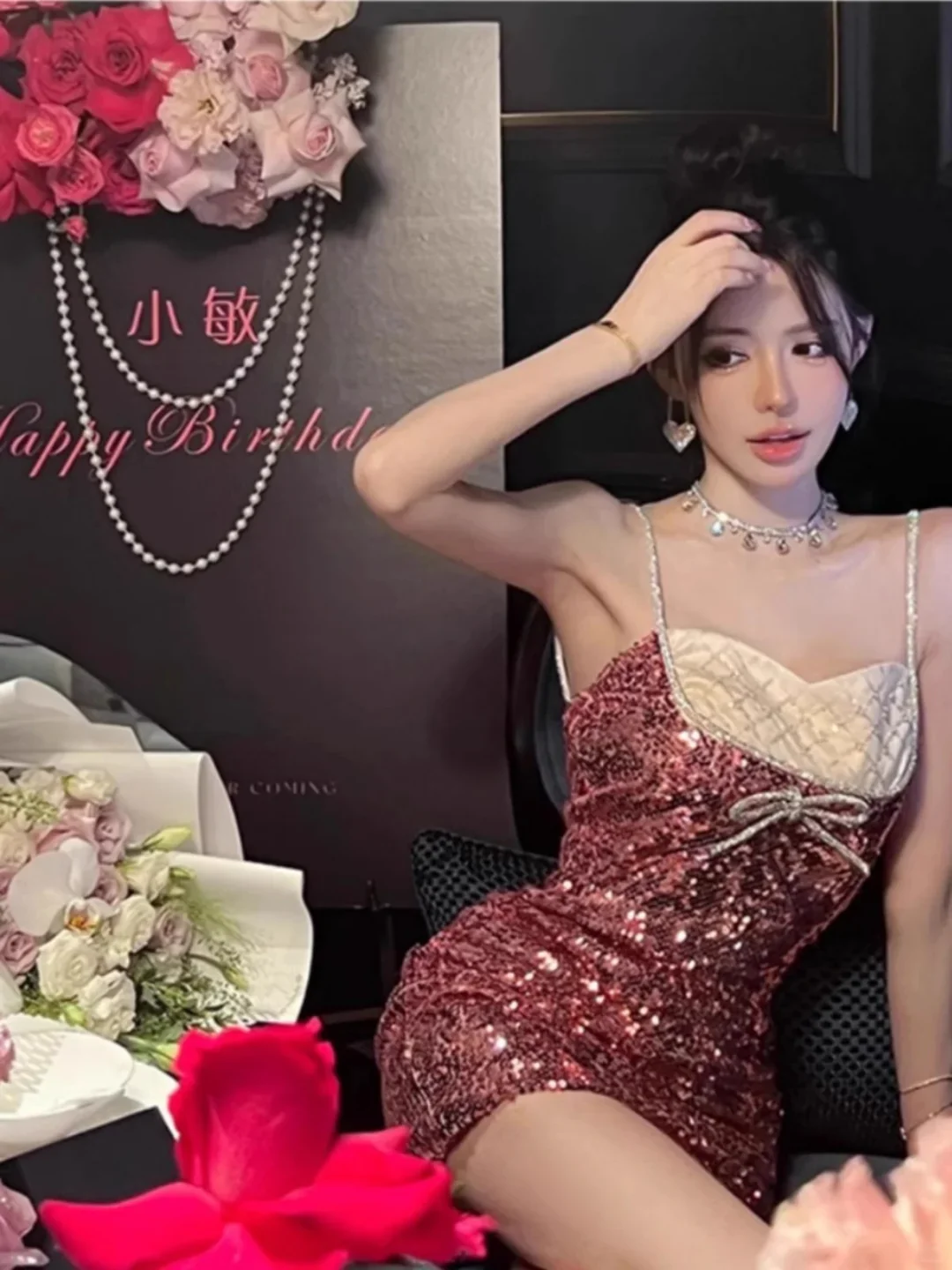 Sparkly Pink Sequin Beaded Sheath Birthday Outfits Spaghetti Straps Homecoming Dress S425