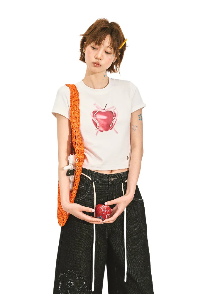 Pearl Bow Fruity Slim-fit Short Sleeve T-shirt