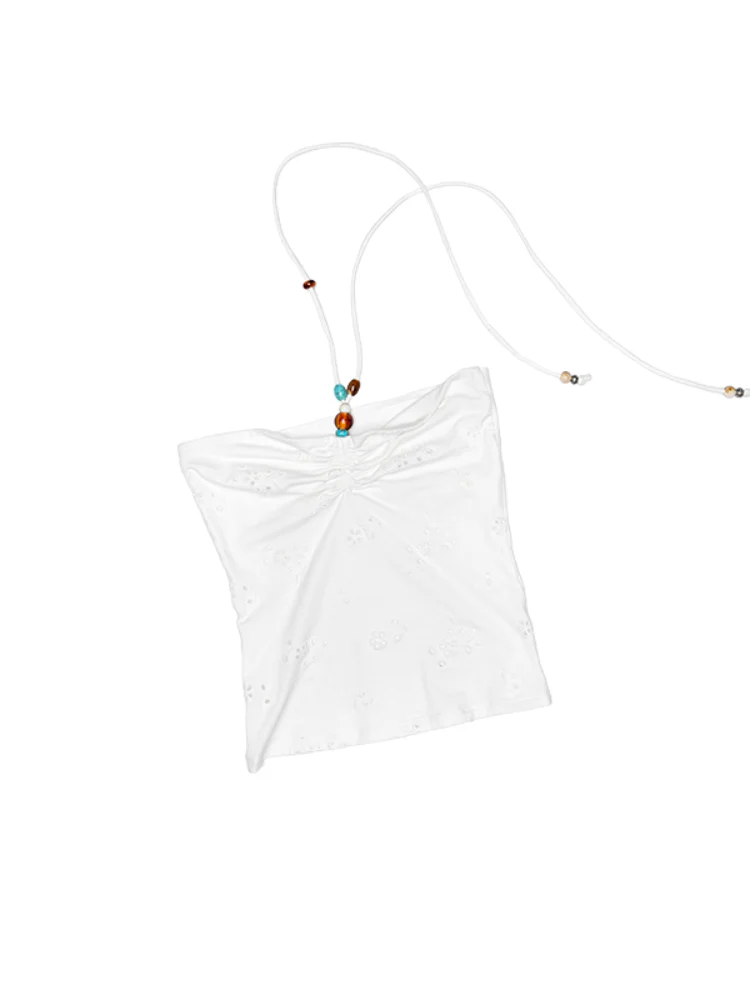 Hollow-Jacquard Halter-Neck Beaded Knit Bustier