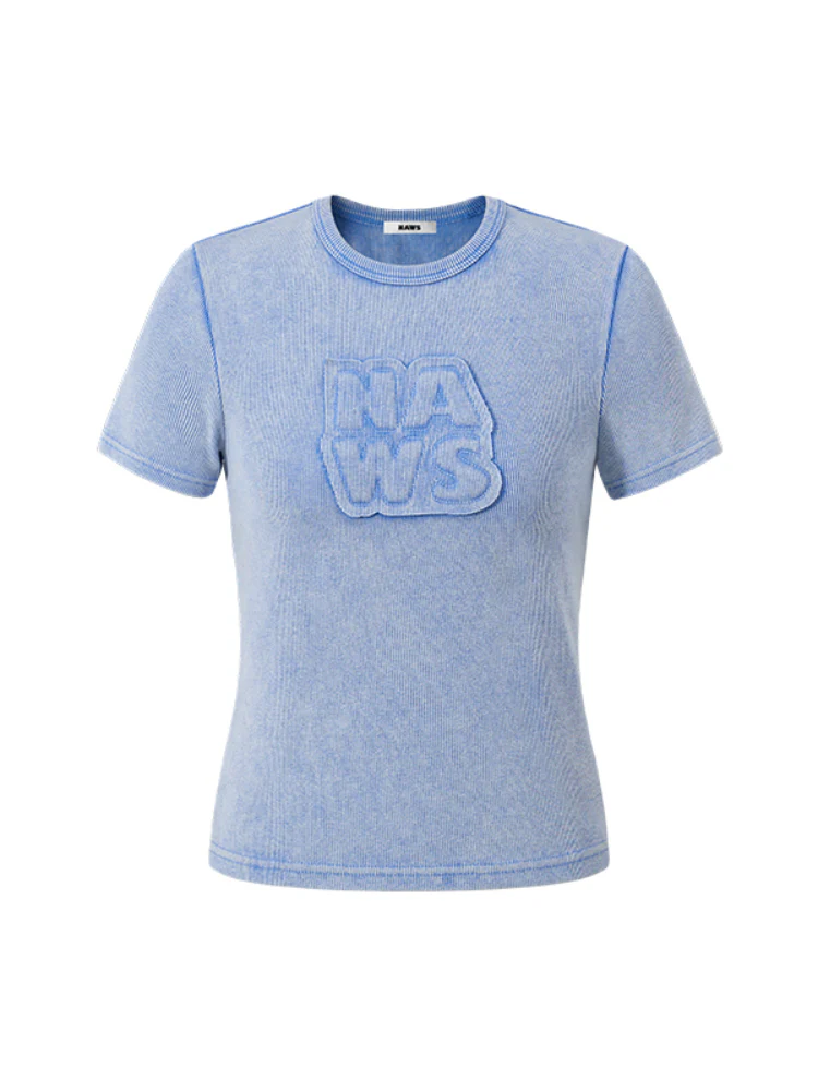 Applique Embroidery Washed Round - Neck Raw - Edge T - shirt