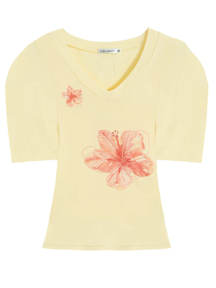 Floral V-Neck Bat-Sleeve T-Shirt