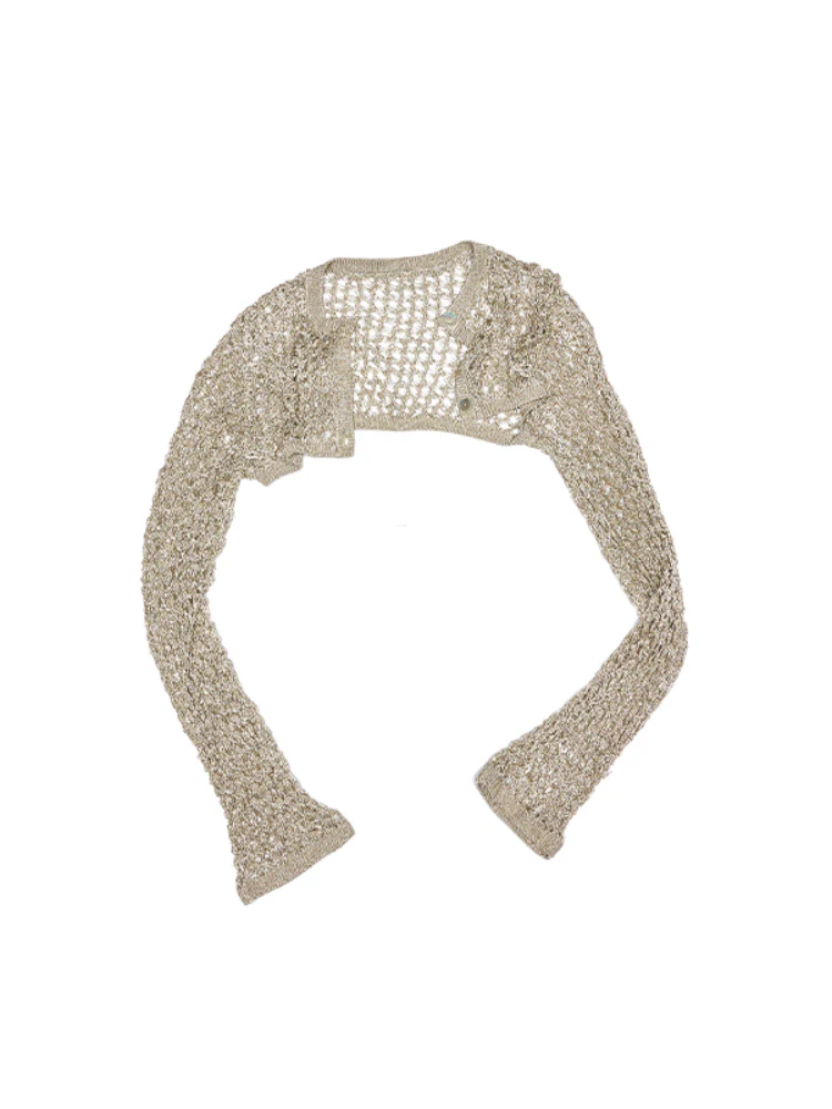 Hollow-Out Knitted Cropped Long-Sleeve Cover-Up