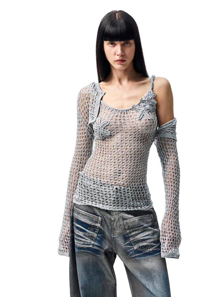 Hollow-Out Knitted Cropped Long-Sleeve Cover-Up