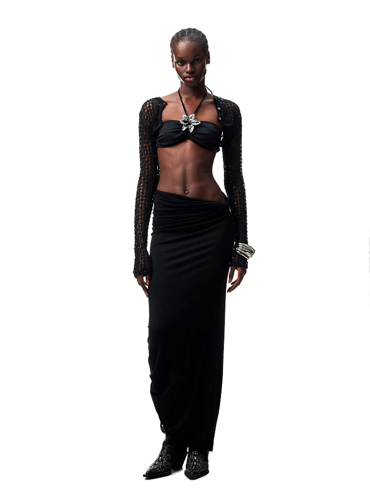 Hollow-Out Knitted Cropped Long-Sleeve Cover-Up