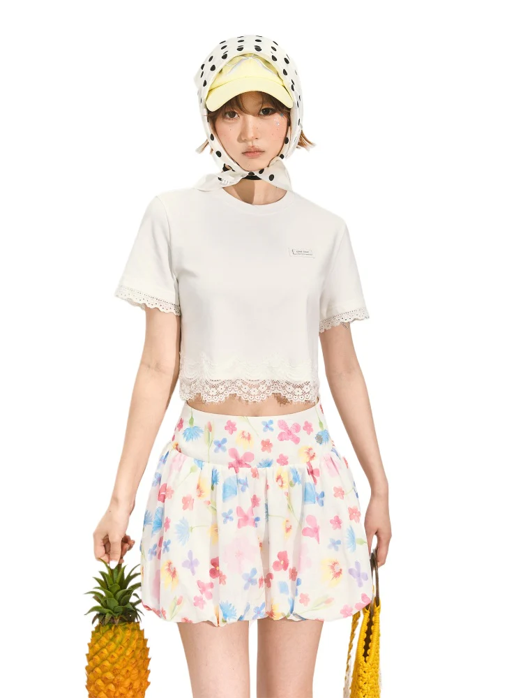 Lace-edged Patchwork Short-sleeve T-shirt