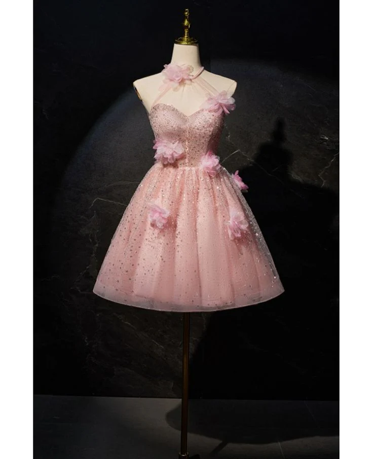 Cute Pink Tulle Sequin Flowers Short Birthday Outfits Homecoming Dress S830