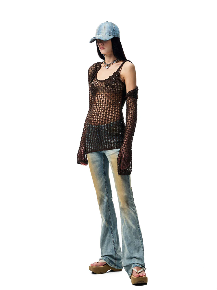 Hollow-Out Knitted Cropped Long-Sleeve Cover-Up