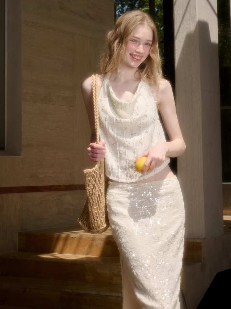 Embroidered Sequin Knit Top & Skirt Set