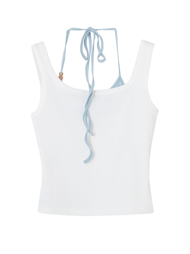 Patchwork Faux-two-piece Halter-neck Vest