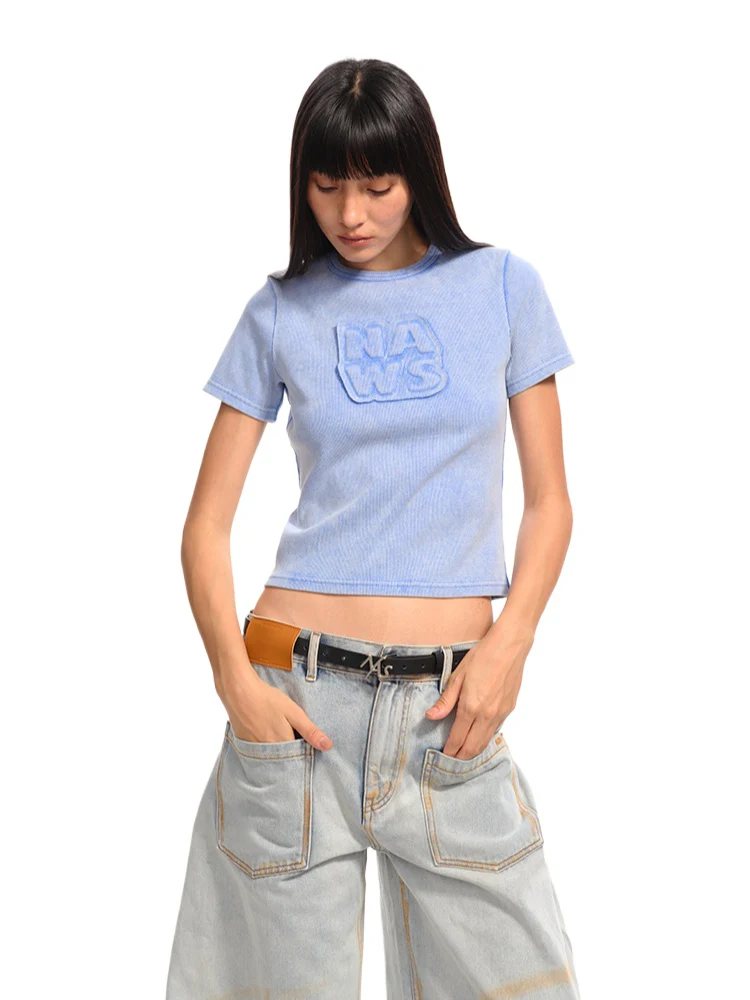 Applique Embroidery Washed Round - Neck Raw - Edge T - shirt