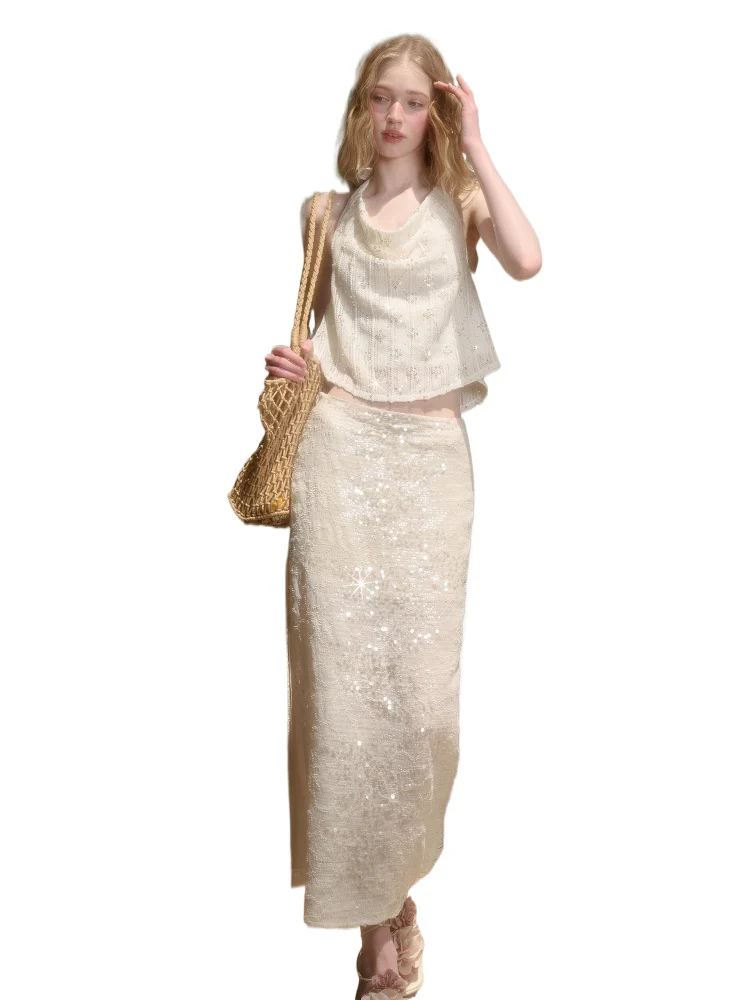 Embroidered Sequin Knit Top & Skirt Set