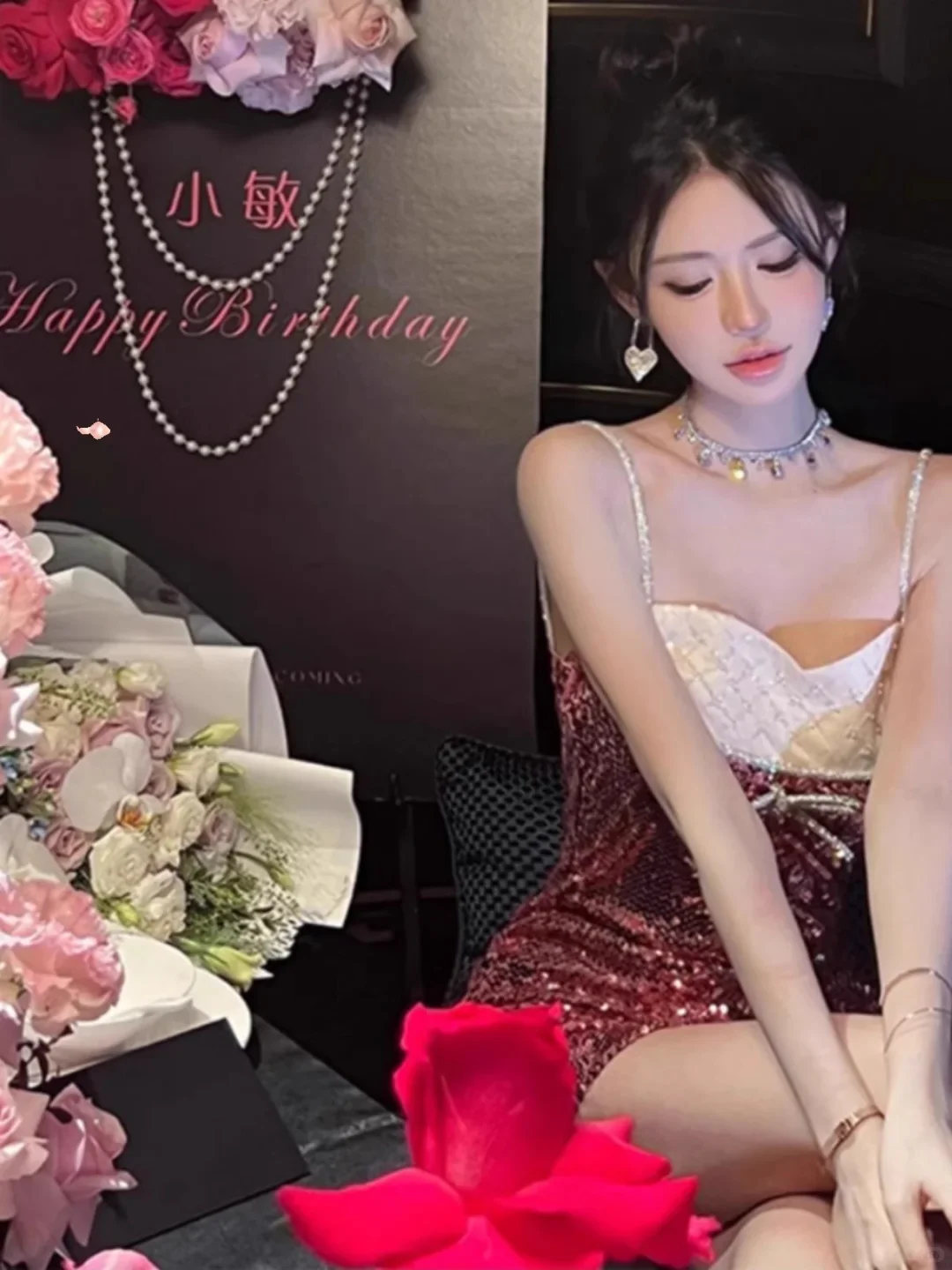 Sparkly Pink Sequin Beaded Sheath Birthday Outfits Spaghetti Straps Homecoming Dress S425