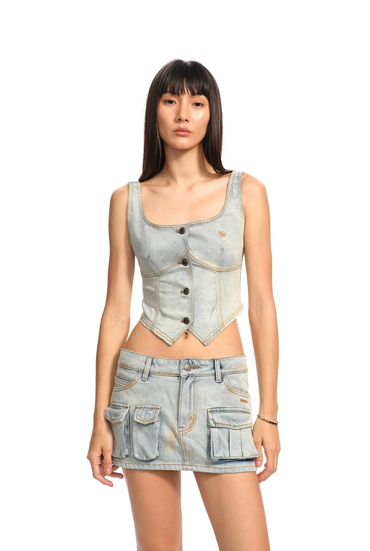 Washed Slightly Elastic Retro Vest