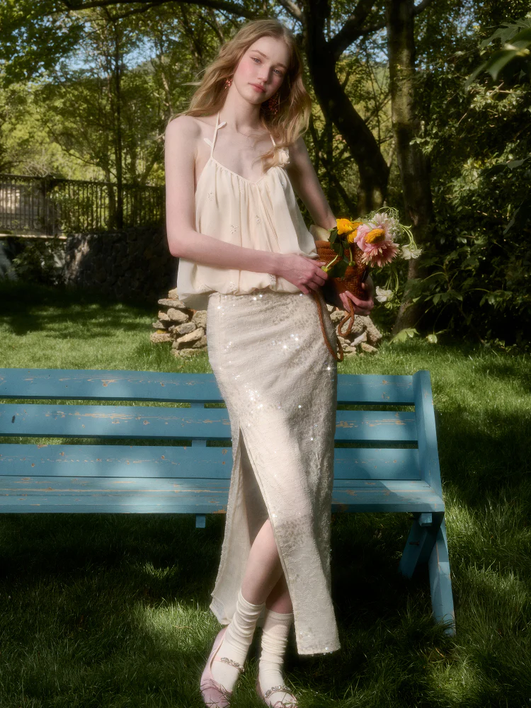 Cloud-like Sequin Embroidered Halter Top