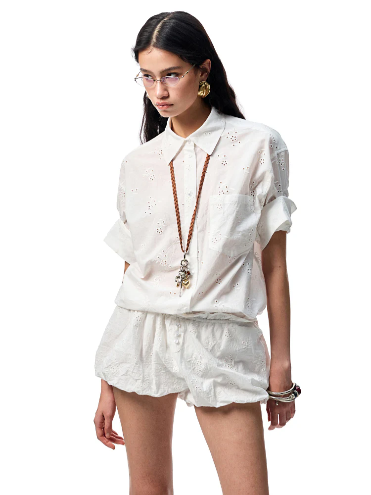 Medium-Sleeve Jacquard Shirt & Shorts Set