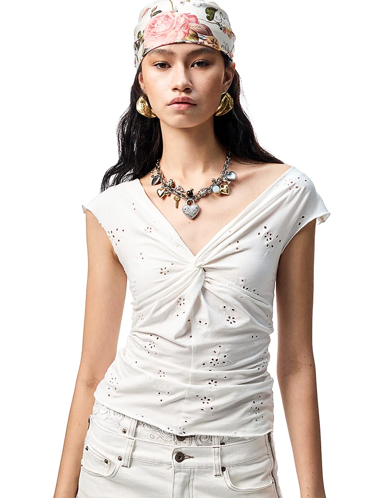 Hollow-Jacquard Knot-Front Flutter-Sleeve Blouse