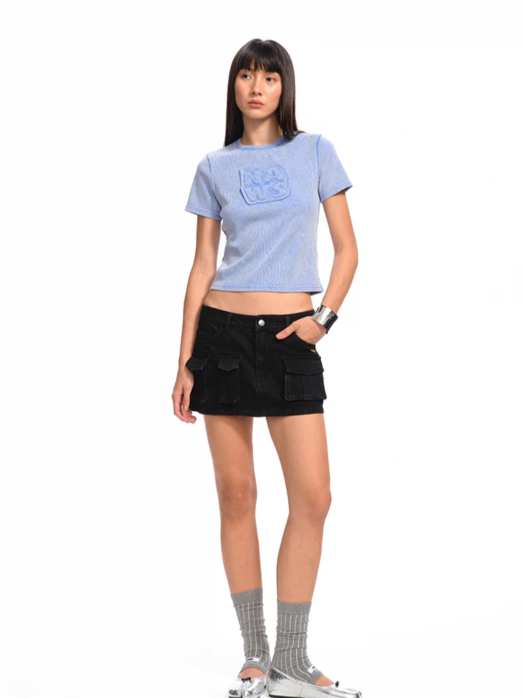 Applique Embroidery Washed Round - Neck Raw - Edge T - shirt