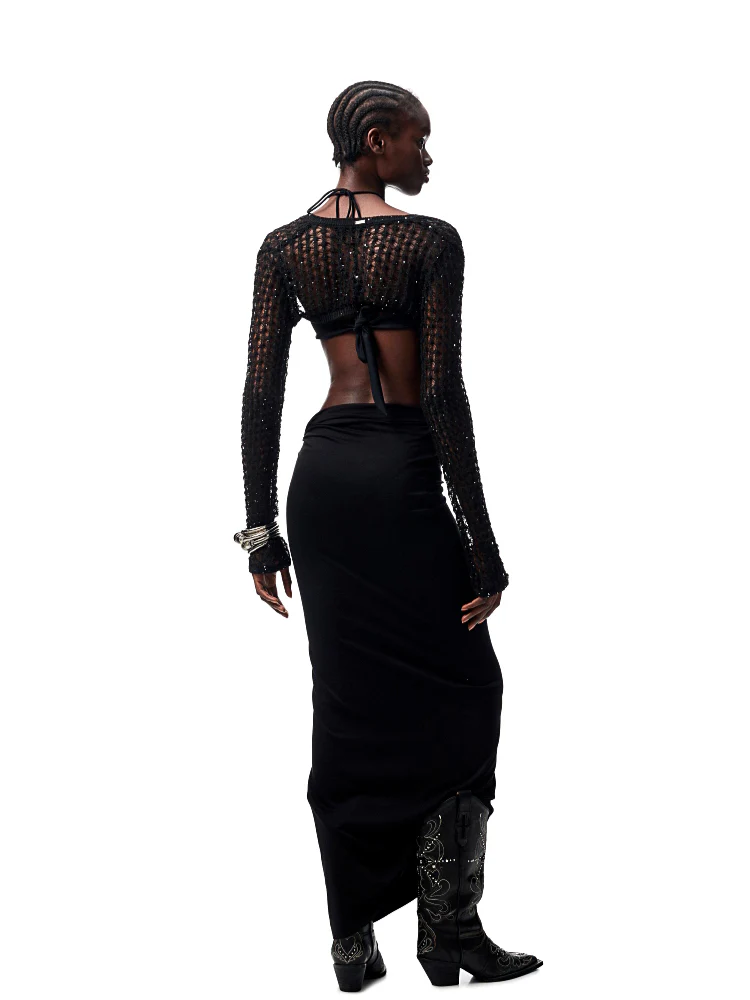 Hollow-Out Knitted Cropped Long-Sleeve Cover-Up