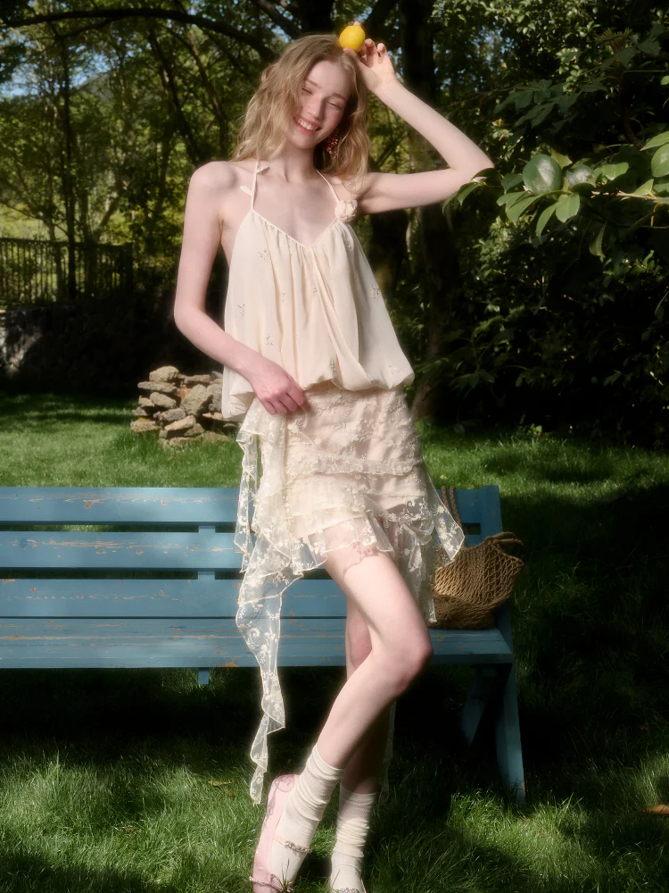 Cloud-like Sequin Embroidered Halter Top