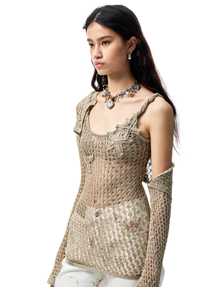 Hollow-Out Knitted Cropped Long-Sleeve Cover-Up