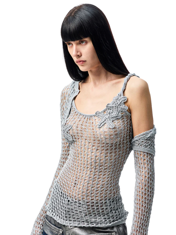 Hollow-Out Knitted Cropped Long-Sleeve Cover-Up