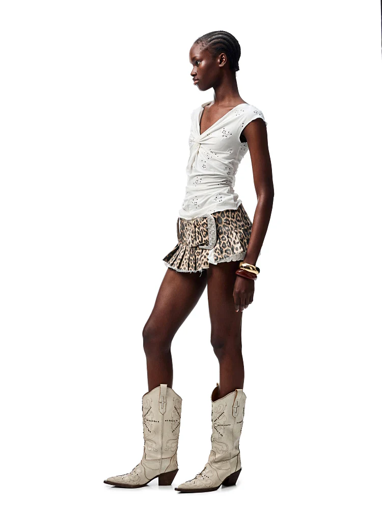 Hollow-Jacquard Knot-Front Flutter-Sleeve Blouse