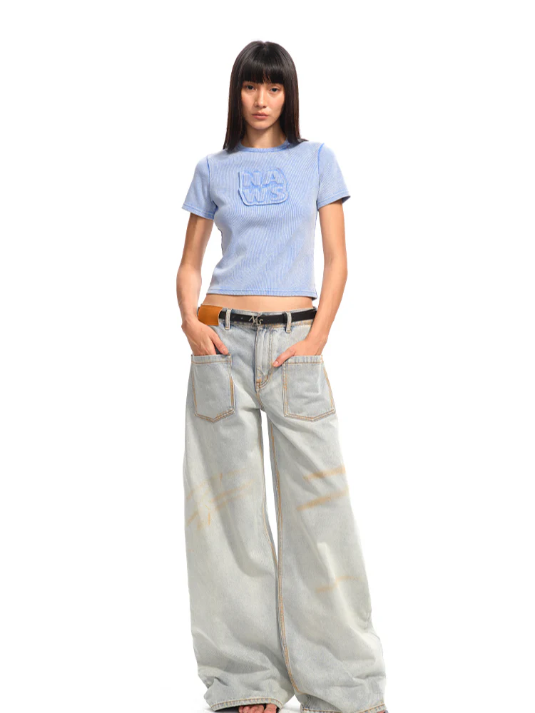 Applique Embroidery Washed Round - Neck Raw - Edge T - shirt