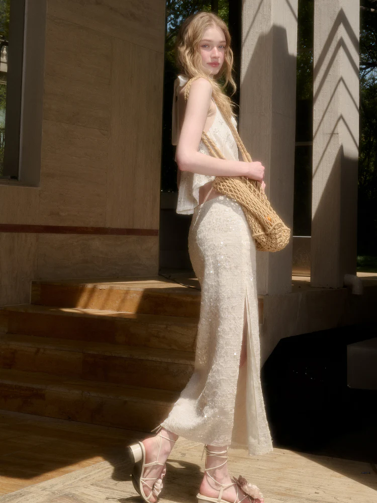 Embroidered Sequin Knit Top & Skirt Set