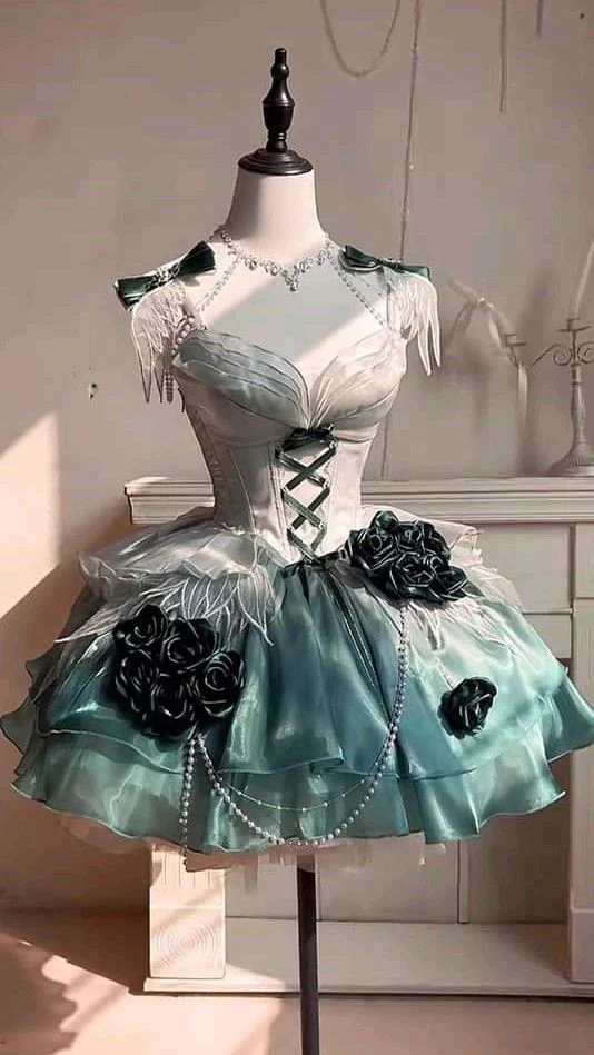 Chic Sweetheart Neck Ombre Dark Green Lace Appliques Floral Birthday Outfits Short Birthday Party Dress S824