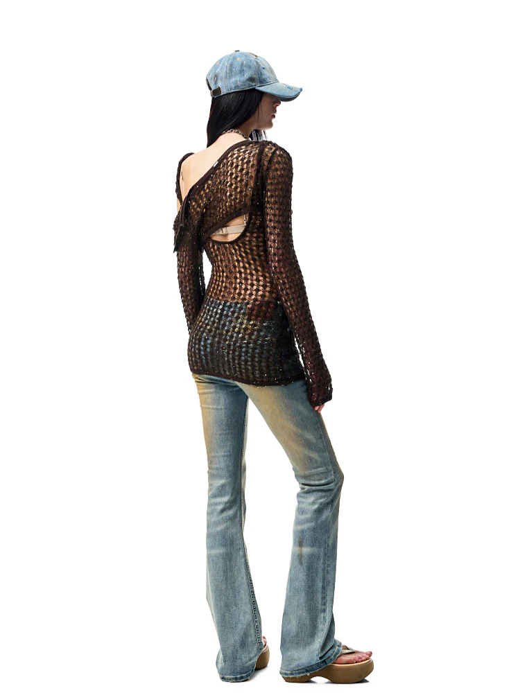 Hollow-Out Knitted Cropped Long-Sleeve Cover-Up